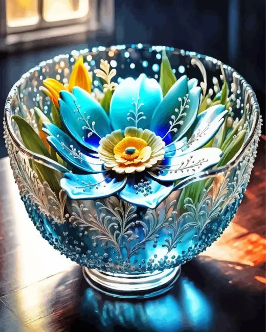 blue flower glass bowl Diamond With Numbers Blue Flower Glass Bowl Diamond Painting