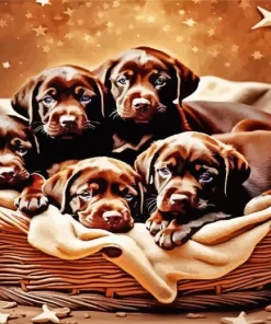 Brown Puppies In A Basket Diamond Painting