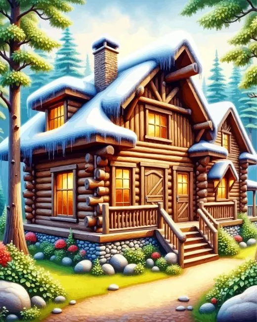 forest log cabin Diamond By Numbers Forest Log Cabin Diamond Painting