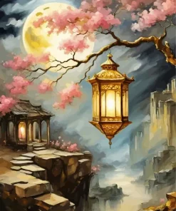 Full Moon Flowers Branch Art Diamond Painting
