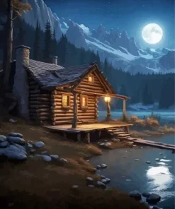Full Moon Forest Log Cabin Diamond Painting