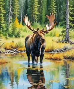 Bull Moose In Water Diamond Painting