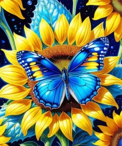 Blue Butterfly On Sunflower Diamond Painting