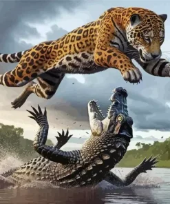 Caiman And Jaguar Fighting Diamond Painting