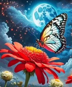 Butterfly On Red Flower Diamond Painting