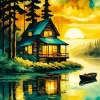 Lakeside Cabin At Sunset Diamond Painting