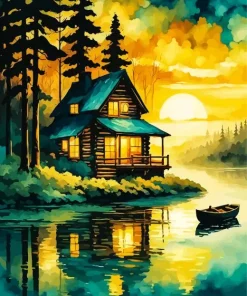 Lakeside Cabin At Sunset Diamond Painting