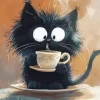 Black Cartoon Cat Drinking Coffee Diamond Painting
