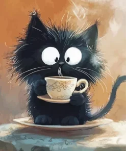 Black Cartoon Cat Drinking Coffee Diamond Painting