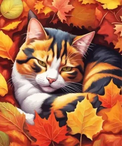 Calico Cat In Fall Leaves Diamond Painting