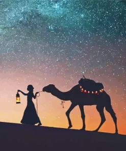 Camel And Girl Silhouette At Night Diamond Painting