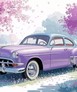 Car And Cherry Blossom Trees Diamond Painting