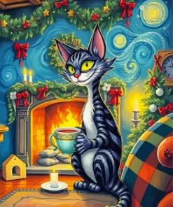 Cartoon Cat Drinking Tea Diamond Painting