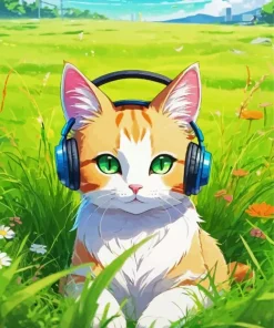 Cartoon Cat Listening To Music Diamond Painting