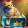 Cat Inside Bowl Fish Diamond Painting