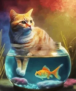 Cat Inside Bowl Fish Diamond Painting