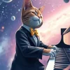 Cat Playing Piano In Space Diamond Painting