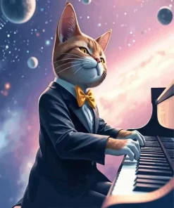 Cat Playing Piano In Space Diamond Painting