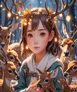 Cute Little Girl With Deers Diamond Painting