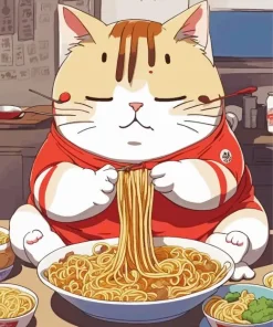 Fat Cat Eating Noodles Diamond Painting