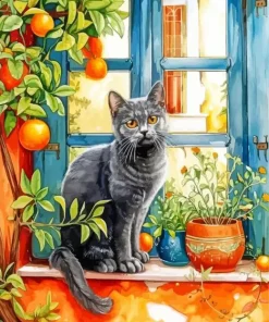 Grey Cat By Window Diamond Painting