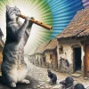 Grey Cat Playing Flute Diamond Painting