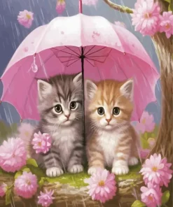 Kitties Under Umbrella Diamond Painting