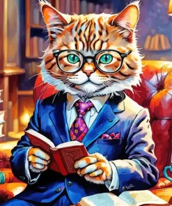 Mr Cat Reading Book Diamond Painting