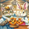 Pretty Bunny And Cat Eating Pretzels Diamond Painting