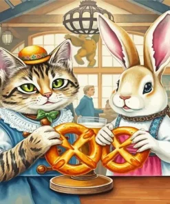 Pretty Bunny And Cat Eating Pretzels Diamond Painting