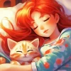 Red Haired Girl And Cat Sleeping Diamond Painting