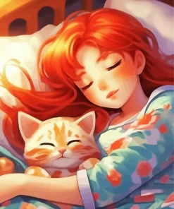 Red Haired Girl And Cat Sleeping Diamond Painting