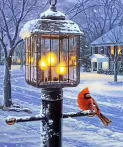 Snow Cardinal On Lantern Diamond Painting
