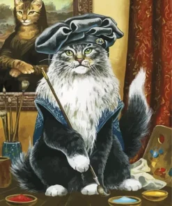 The Artist Cat Holding Paintbrush Diamond Painting