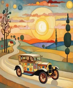 Vintage Car And Sunset Art Diamond Painting