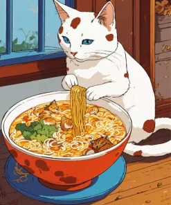 White Cat Eating Ramen Diamond Painting