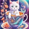 White Cat In A Cup Diamond Painting