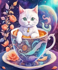 White Cat In A Cup Diamond Painting