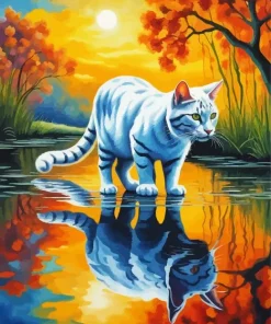White Cat Reflection Diamond Painting