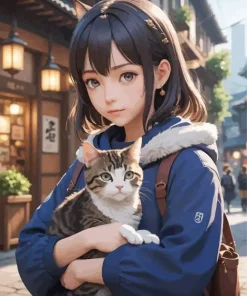 Asian Girl Holding A Cat Diamond Painting