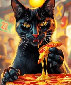 Black Cat Eating Pizza Diamond Painting