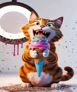 Cartoon Cat Eating Ice Cream Diamond Painting