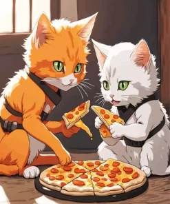 Cartoon Cats Eating Pizza Diamond Painting