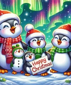 Cartoon Christmas Penguins Family Diamond Painting