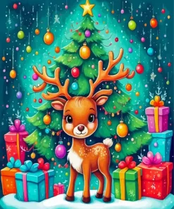 Cartoon Christmas Tree And Reindeer Diamond Painting