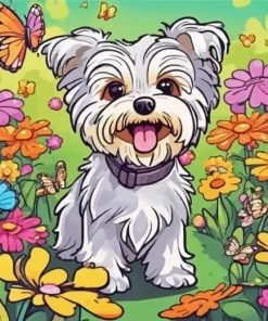 Cartoon Morkie Dog And Flowers Diamond Painting