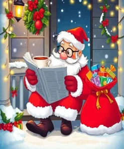 Cartoon Santa Reading News Diamond Painting