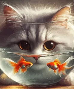 Cat And Fish Bowl Diamond Painting