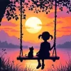 Cat And Girl Silhouette At Sunset Diamond Painting