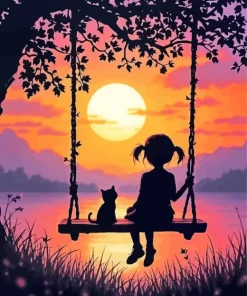Cat And Girl Silhouette At Sunset Diamond Painting
